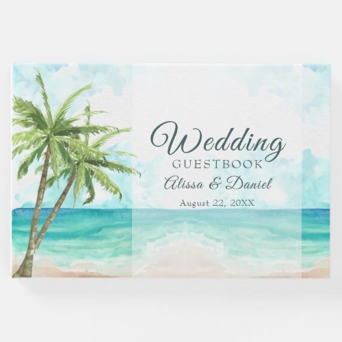 Watercolor Tropical Beach and Palm Trees Wedding Guest Book