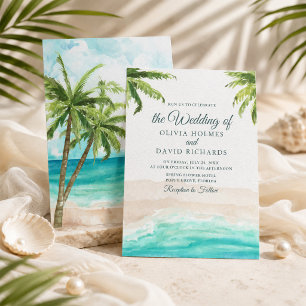 Watercolor Tropical Beach and Palm Trees Wedding Invitation