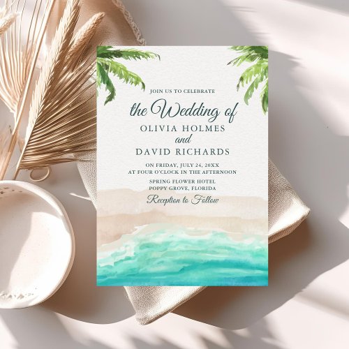 Watercolor Tropical Beach and Palm Trees Wedding Invitation