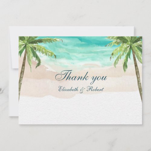 Watercolor Tropical Beach and Palm Trees Wedding Thank You Card