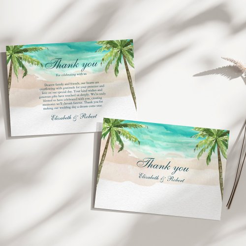 Watercolor Tropical Beach and Palm Trees Wedding Thank You Card