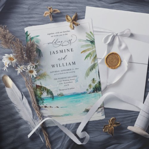 Watercolor Tropical Beach Budget QR Code Wedding Invitation