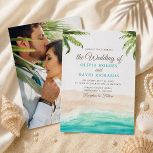 Watercolor Tropical Beach Couple Photo Wedding Invitation