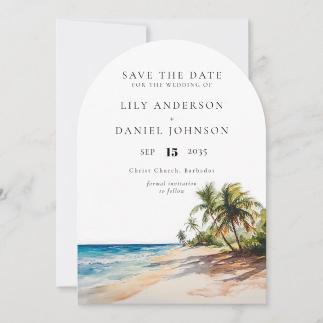 Watercolor Tropical Beach Destination Wedding Arch Save The Date (Front)