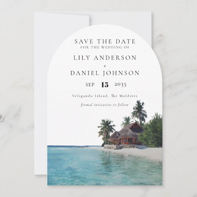 Watercolor Tropical Beach Destination Wedding Arch Save The Date (Front)