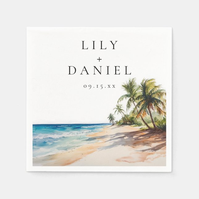 Watercolor Tropical Beach Destination Wedding Napkins (Front)