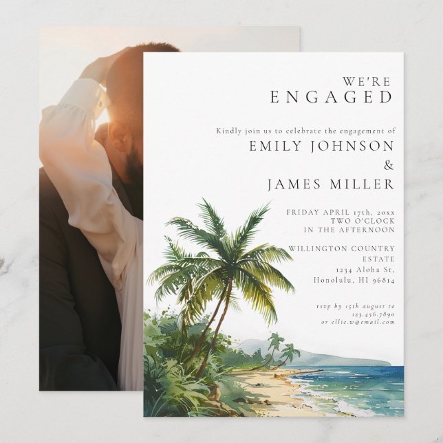 Watercolor Tropical Beach Engagement Party Photo Invitation (Front/Back)