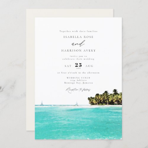 Watercolor Tropical Beach Jamaica Island Wedding Invitation