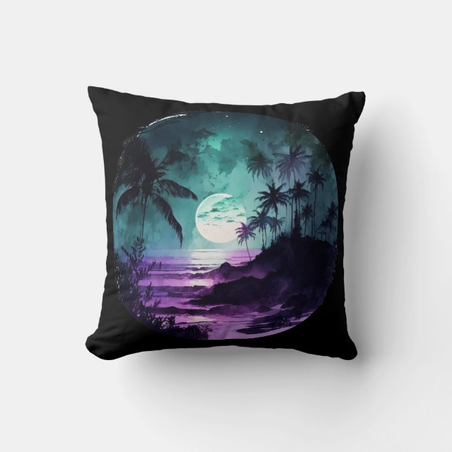 Watercolor Tropical Beach Night Throw Pillow (Front)
