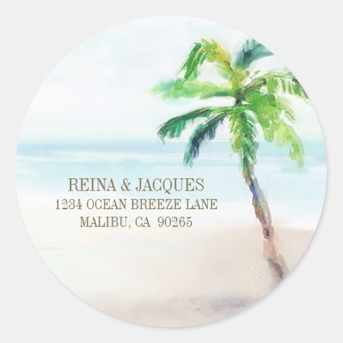 Watercolor Tropical Beach Palm Tree Return Address Classic Round Sticker