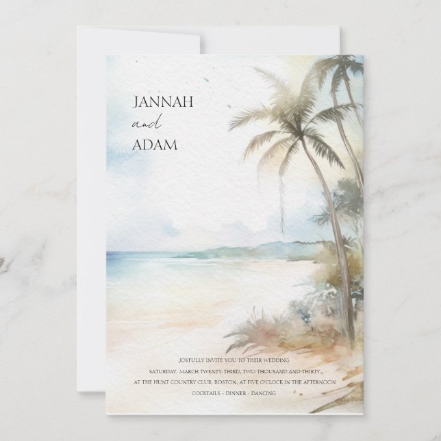Watercolor Tropical Beach Palm Tree Wedding Invitation (Front)