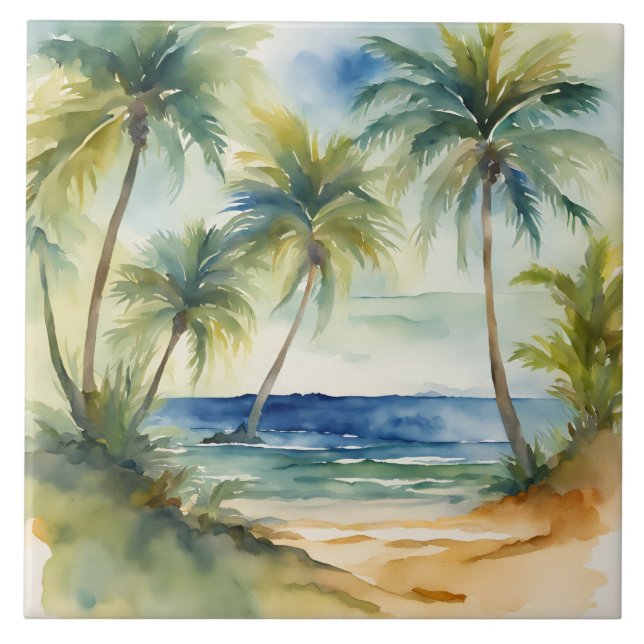 Watercolor Tropical Beach Palm Trees  Ceramic Tile (Front)