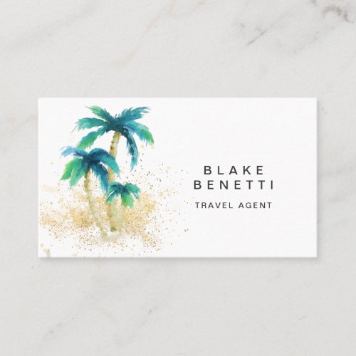 Watercolor Tropical Beach Palm Trees Gold  Business Card