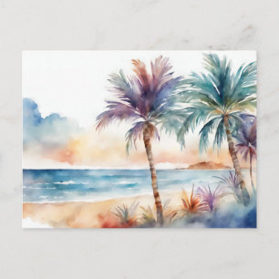 Watercolor Tropical Beach, Palm Trees Postcard