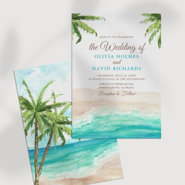 Watercolor Tropical Beach & Palm Trees Wedding Invitation (Watercolor Tropical Beach and Palm Trees Wedding Invitation on a white table.)