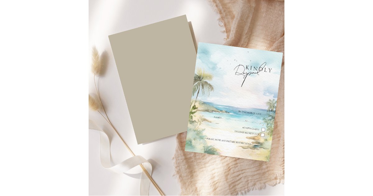 Watercolor Tropical Beach Palm Trees Wedding RSVP Card | Zazzle