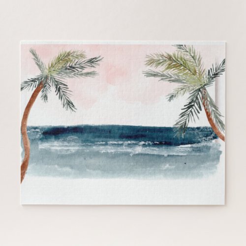Watercolor Tropical Beach Palms Relax Jigsaw Puzzle
