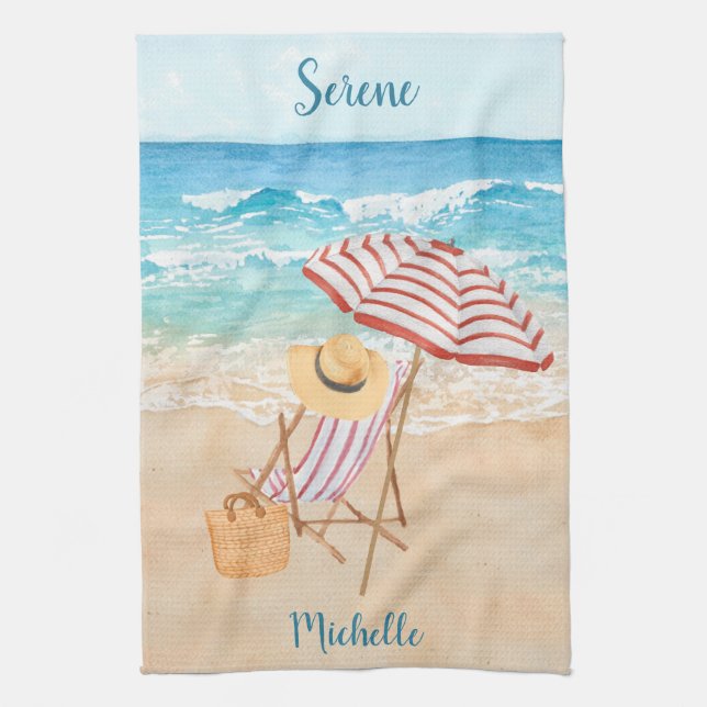 Watercolor Tropical Beach Personalize Kitchen Towel (Vertical)