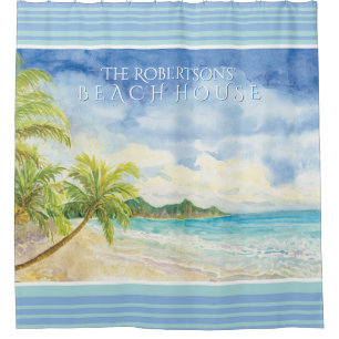 Watercolor Tropical Beach Sand Sea Tropical Palms Shower Curtain