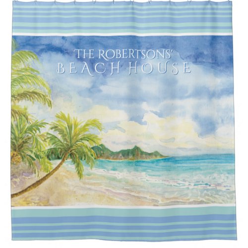 Watercolor Tropical Beach Sand Sea Tropical Palms Shower Curtain