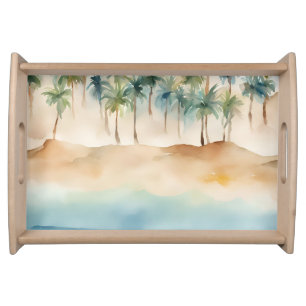 Watercolor Tropical Beach Scene Palms Sand Ocean  Serving Tray