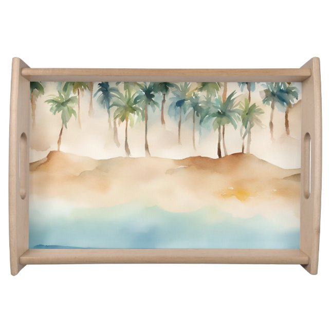Watercolor Tropical Beach Scene Palms Sand Ocean  Serving Tray (Front)