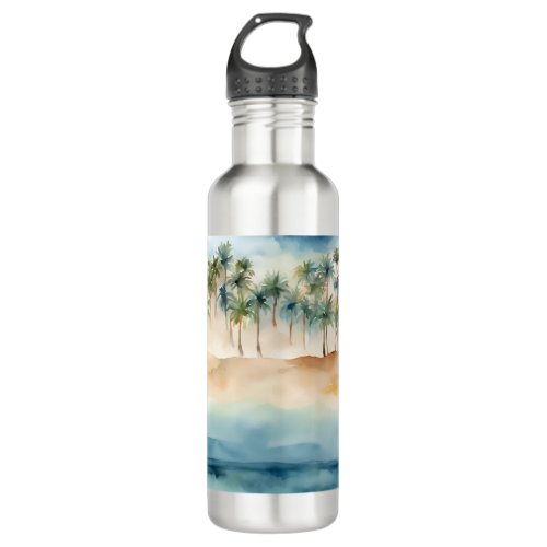 Watercolor Tropical Beach Scene Palms Sand Ocean Stainless Steel Water Bottle