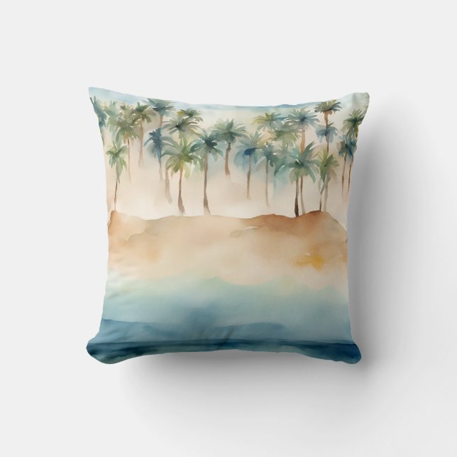 Watercolor Tropical Beach Scene Palms Sand Ocean Throw Pillow (Front)