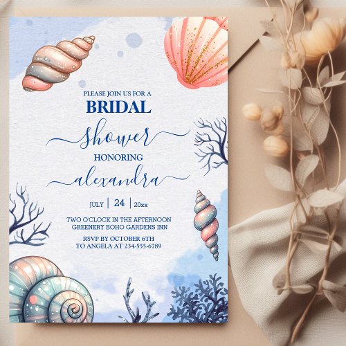 Watercolor Tropical Beach Seashells Bridal Shower Invitation
