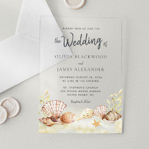 Watercolor Tropical Beach Seashells Wedding Acrylic Invitations