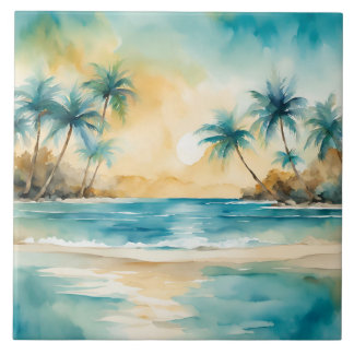Watercolor Tropical Beach Sunset  Ceramic Tile