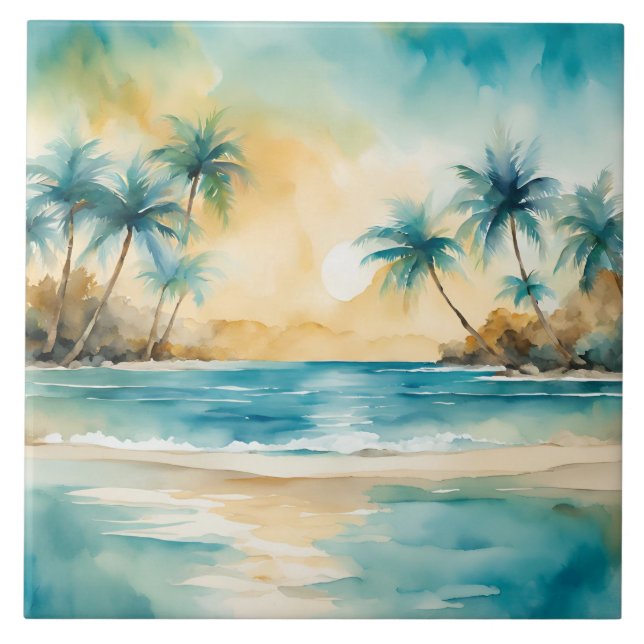 Watercolor Tropical Beach Sunset  Ceramic Tile (Front)