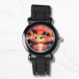 Watercolor Tropical Beach Sunset Palm Trees Watch
