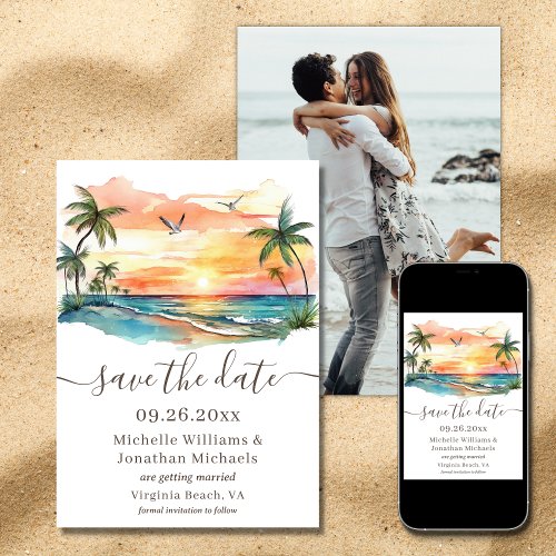 Watercolor Tropical Beach Sunset Photo Wedding Save The Date