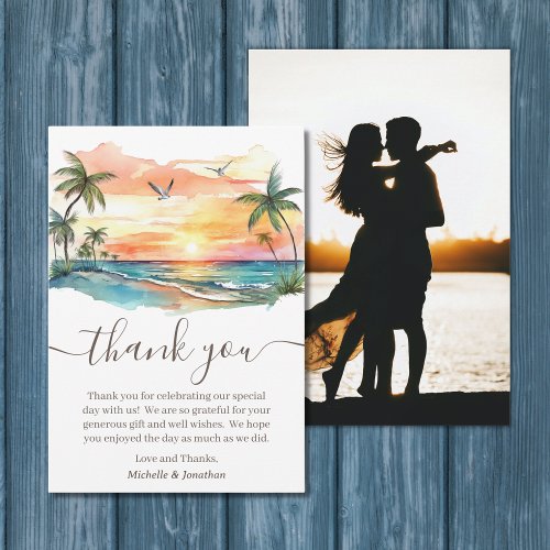 Watercolor Tropical Beach Sunset Photo Wedding Thank You Card