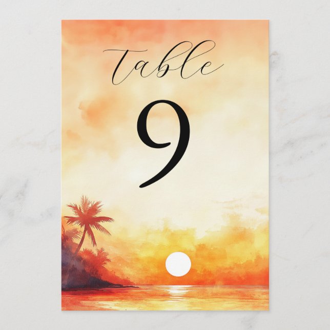 Watercolor Tropical Beach Sunset Table Number (Front)