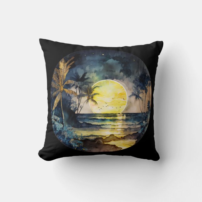 Watercolor Tropical Beach Sunset Throw Pillow (Front)