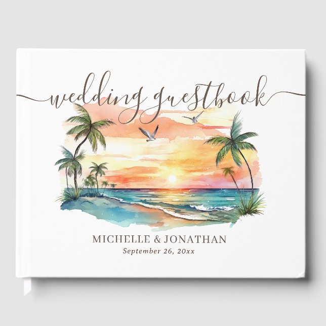 Watercolor Tropical Beach Sunset Wedding Guest Book (Front)