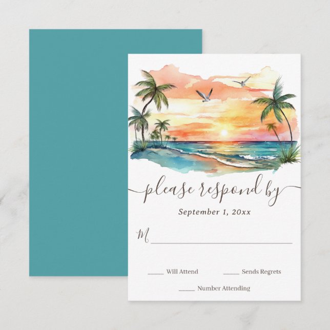 Watercolor Tropical Beach Sunset Wedding RSVP Card (Front/Back)