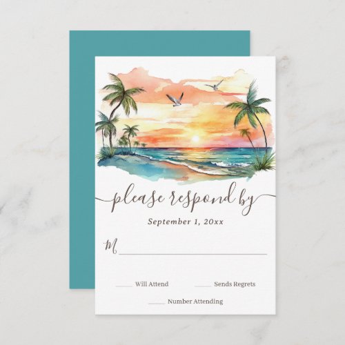 Watercolor Tropical Beach Sunset Wedding RSVP Card