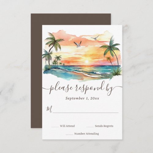 Watercolor Tropical Beach Sunset Wedding RSVP Card