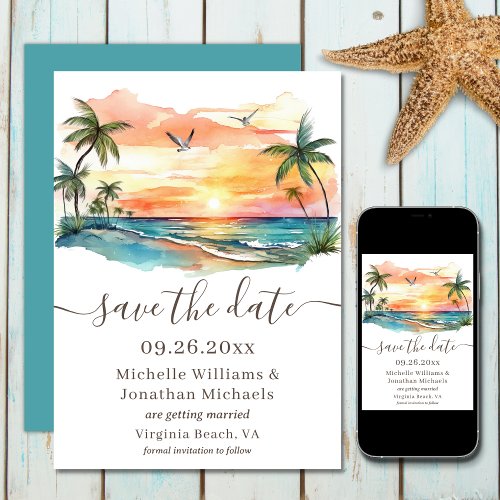 Watercolor Tropical Beach Sunset Wedding Save The Date