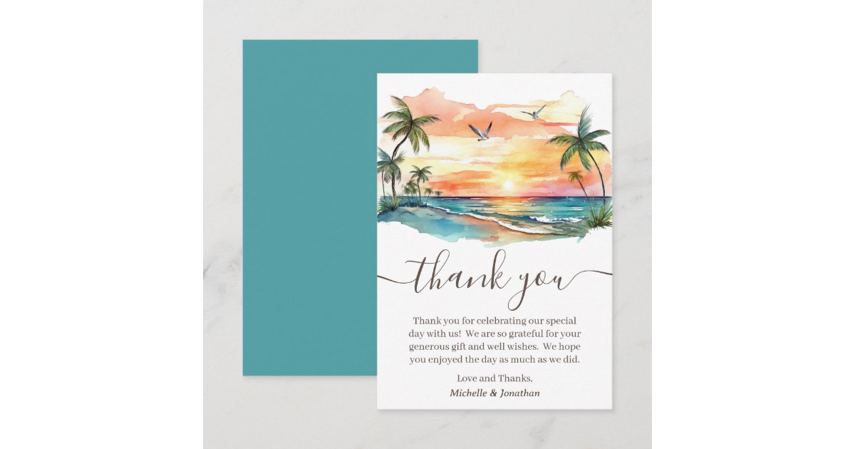 Watercolor Tropical Beach Sunset Wedding Thank You Card | Zazzle
