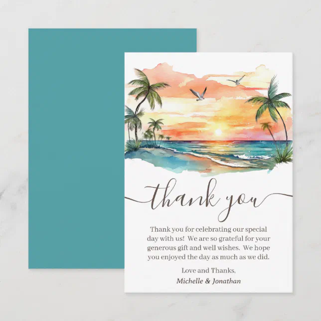 Watercolor Tropical Beach Sunset Wedding Thank You Card | Zazzle