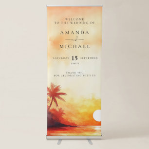 Watercolor Tropical Beach Sunset Wedding Welcome Retractable Banner