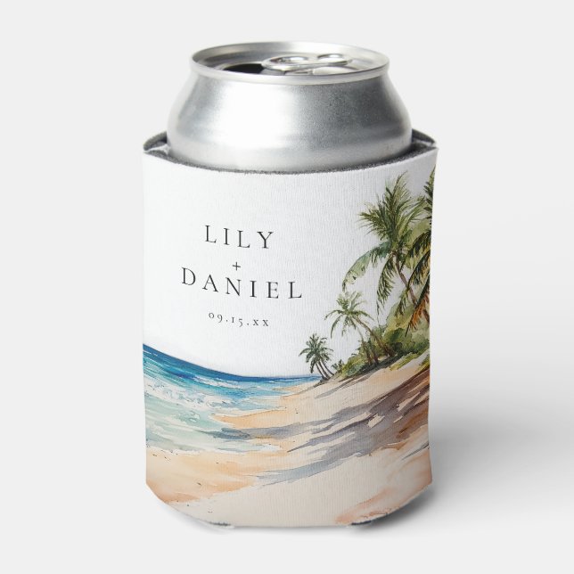 Watercolor Tropical Beach Wedding Can Cooler (Can Front)