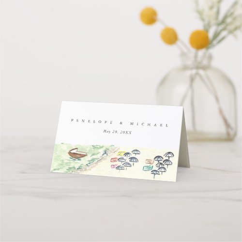 Watercolor Tropical Beach Wedding Folded Place Card