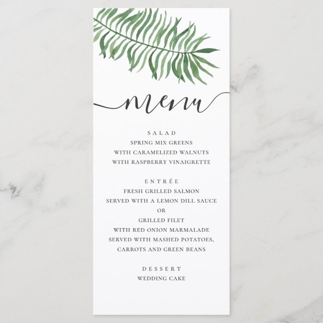 Watercolor tropical beach wedding. Greenery palm Menu (Front)