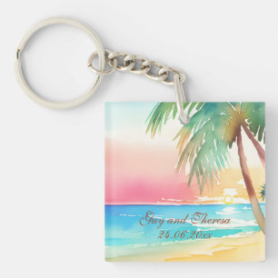 Watercolor Tropical Beach Wedding Keychain