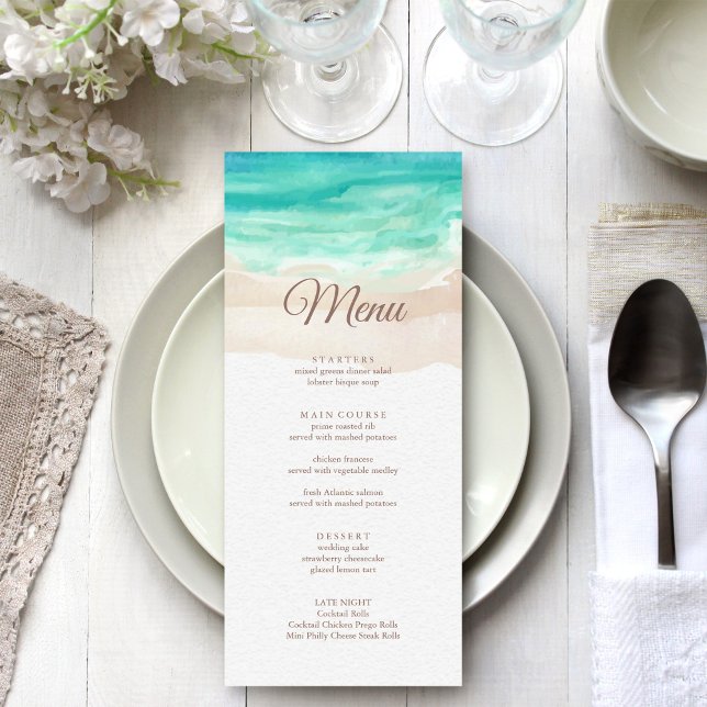 Watercolor Tropical Beach Wedding Menu Card (Watercolor Tropical Beach Wedding Menu on white wedding dinner table.)